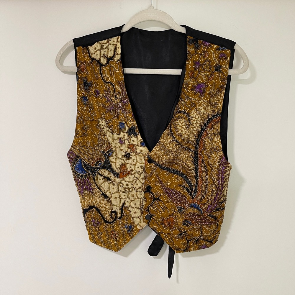 Kenar Vest Beaded Batik Bird Floral Womens Small Gold Cotton Rayon‎ Art to Wear